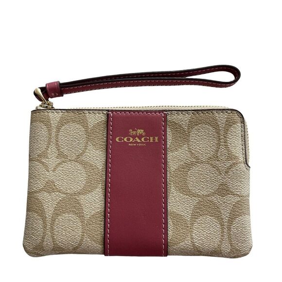 Coach Khaki/Dark Fuchsia Signature PVC Leather Corner Zip Wristlet Wallet - Picture 1 of 8